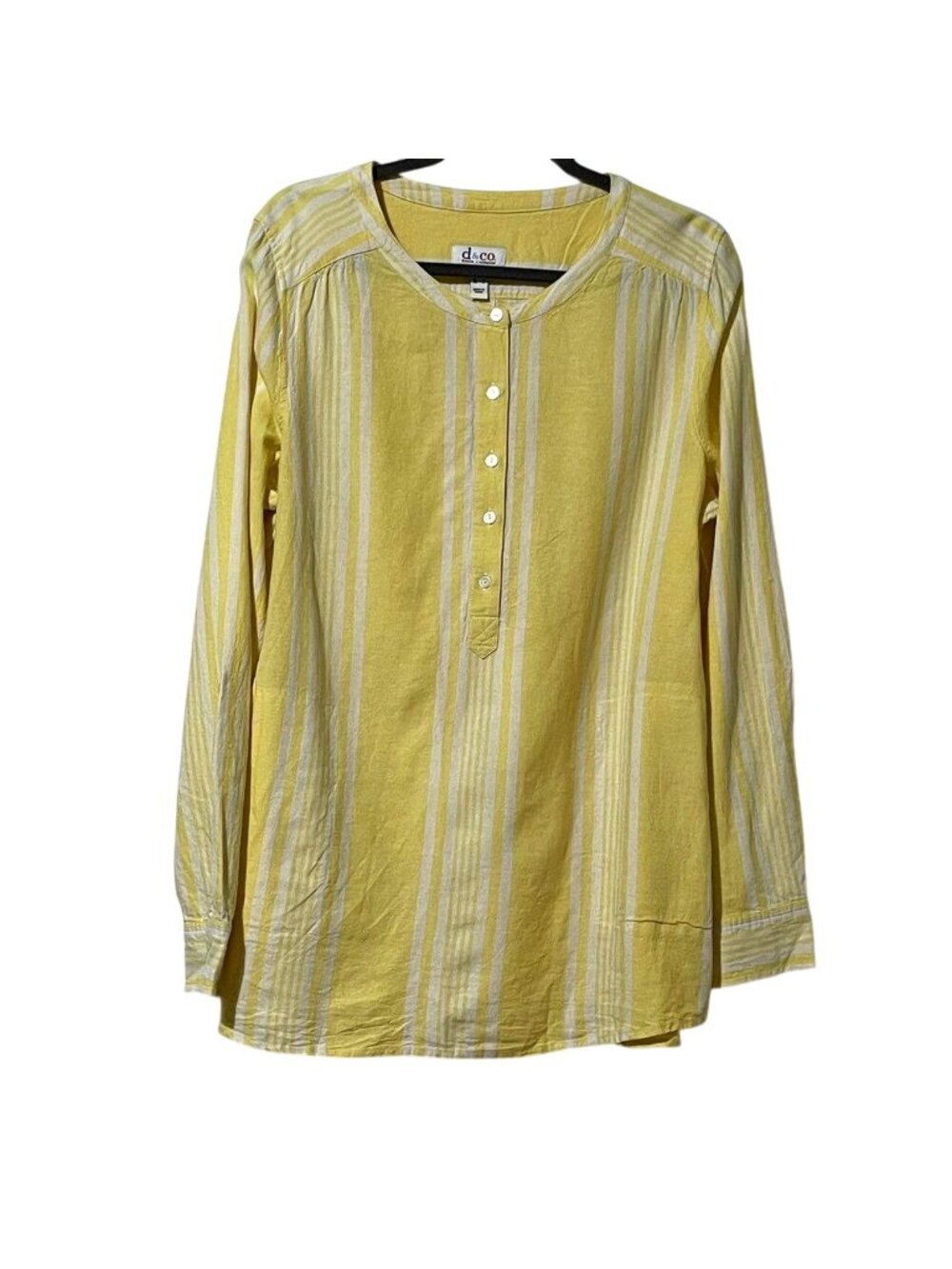 Denim & Co. Size M Yellow & White Striped Linen Blend Long Sleeve Shirt